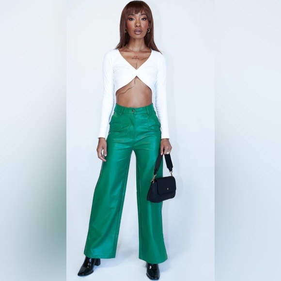 Princess Polly Vegan Leather Suki Green High-Waisted Pants - Picture 2 of 7